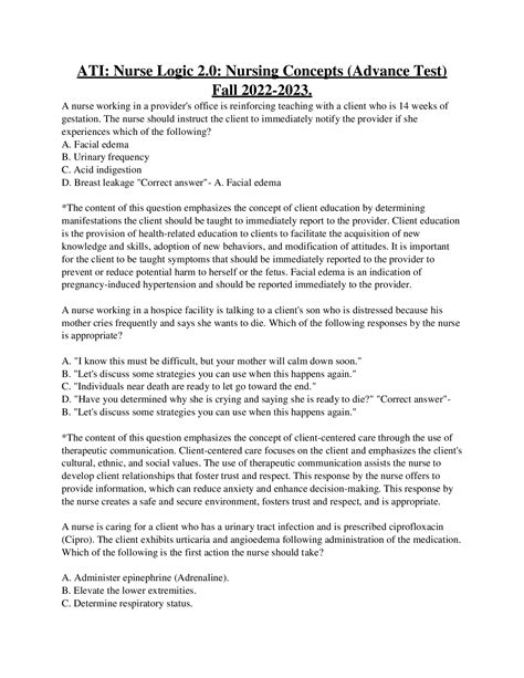 ATI Nurse Logic 2.0 Nursing Concepts (Advance Test) Fall 2022-2023 ...