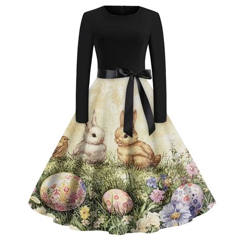 HAJWOH Womens Easter Dresses 2025 Long Sleeve Bunny Egg Graphic Summer ...