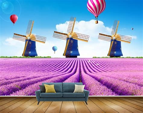 Avikalp MWZ2597 Purple Flowers Plants Air Ballon Windmill Clouds Birds ...