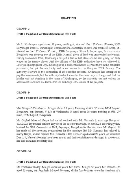 Draft a Plaint and Written statement - L. Krishnappa aged about 58 ...