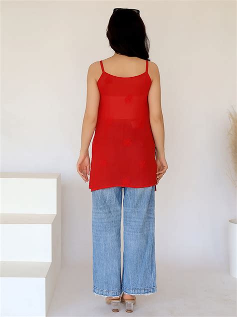 Ardra Viscose Chikankari Strappy Short Kurta – Red |The Chikan Label