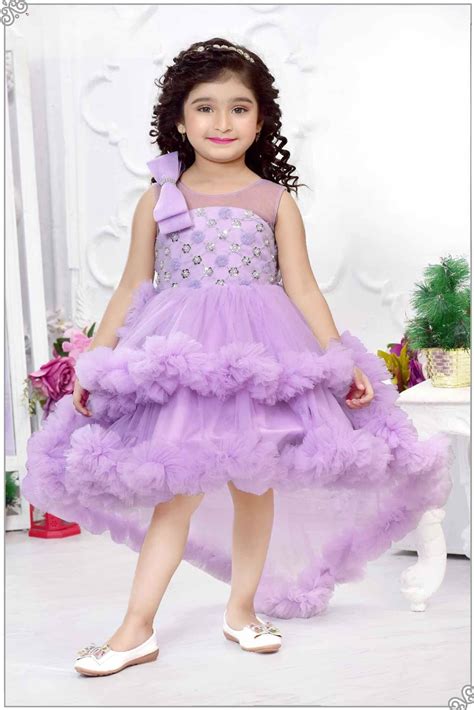 Sequin Lavender Ruffled Net Tailback Frock With Bow Embellishment For ...