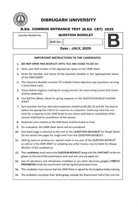 Dibrugarh University B.Ed CET Entrance 2025 Question Paper [ DU B.Ed ...