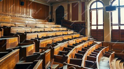 Historic Lecture Hall with Wooden Benches and Arched Windows in an Old ...