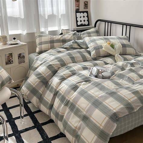 Amazon.com: LifeTB Green Plaid Duvet Cover Queen Soft Cotton Grid Plaid ...