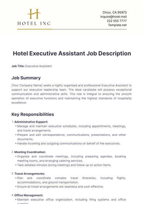 Free Hotel Executive Assistant Job Description Template to Edit Online
