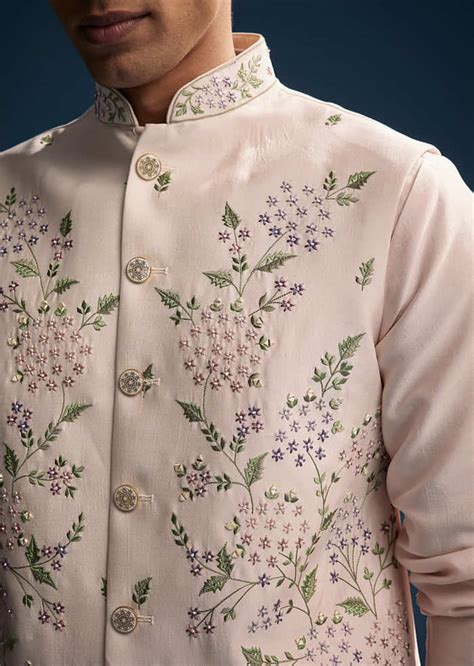 Pink Silk Kurta Jacket Set For Men With Heavy Embroidery