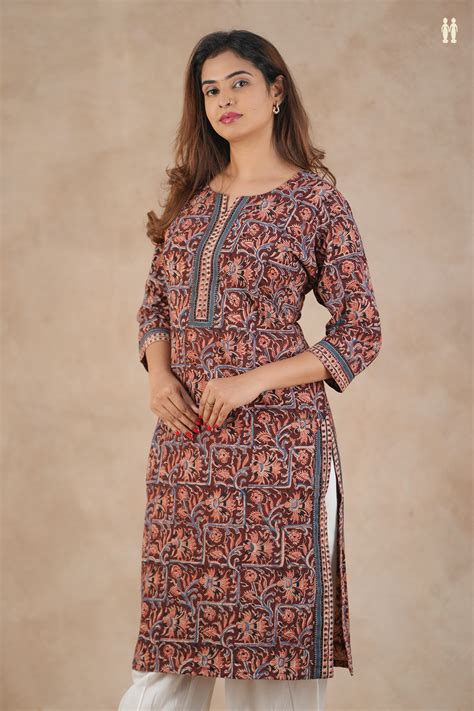 Split Neck Floral Design Red Kalamkari Cotton Long Kurta