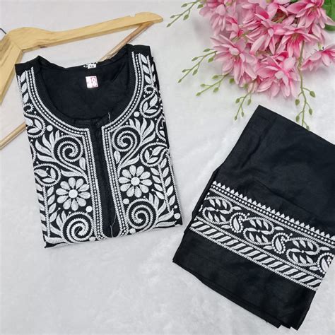 Rayon Chikankari Machine Work Kurti Plazo Set- Black Colour – Chikankaar