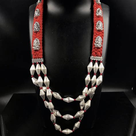 Thread Long Kumkum Red Temple Necklace Set By Zevar