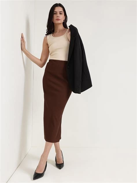 Buy Brown Side Slit Pencil Skirt Online | FableStreet