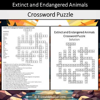 Extinct and Endangered Animals Crossword Puzzle Worksheet Activity