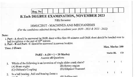 18MEC201T Machines and Mechanisms - Question Paper, Nov 2023 - Studocu