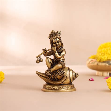 Brass Superfine Lord Krishna Sitting On Conch (5 Inch) – Vedansh Craft