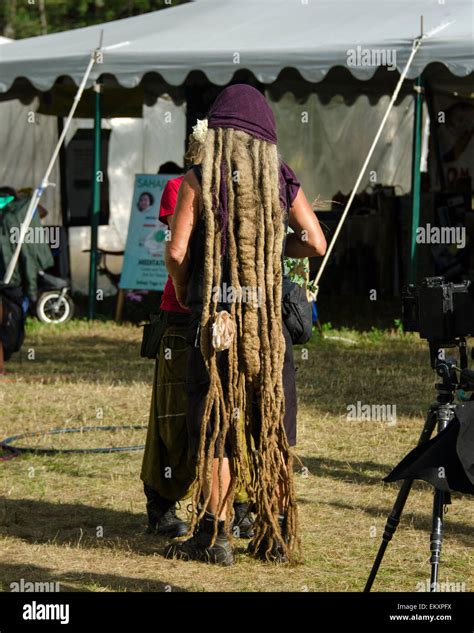A man with extraordinarily long dreadlocks at the Common Ground Fair ...