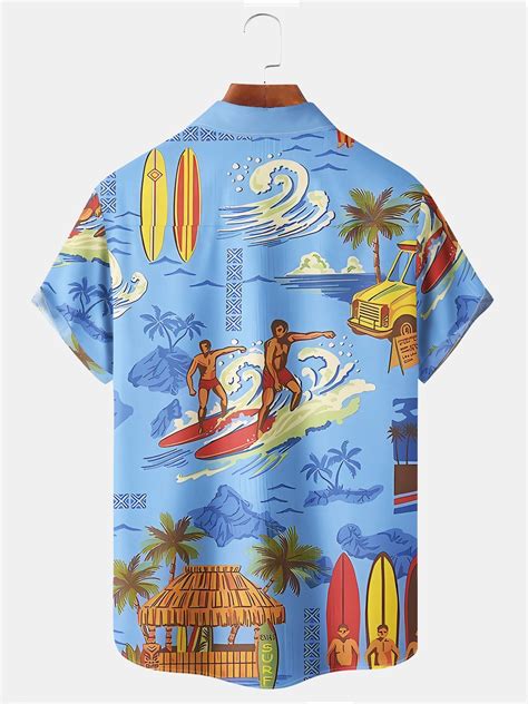 Royaura Beach Vacation Men's Light Blue Hawaiian Shirts Island Cartoon ...
