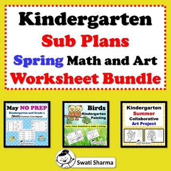 Kindergarten Sub Plans, Spring Math and Art Worksheet Bundle school ...