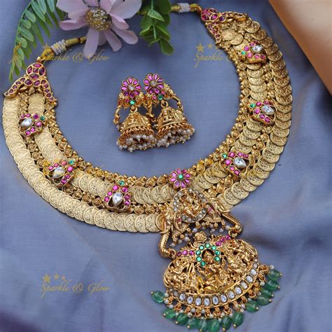 Stunning Jadau Antique Lakshmi Coin Necklace Set with Green beads ...