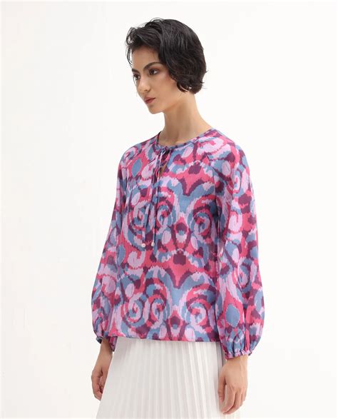 Rareism Women'S Portia Multi Linen Top with Tie-Up Neck and Abstract Print