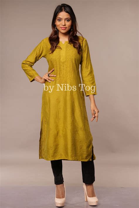 Buy Modal Silk Straight Chikankari Kurta Green online - by Nibs Tog