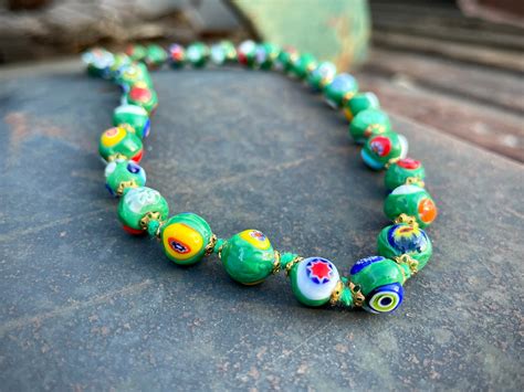 Vintage Italian Millefiori Glass Bead Necklace 17 Hand Knotted, Gold ...