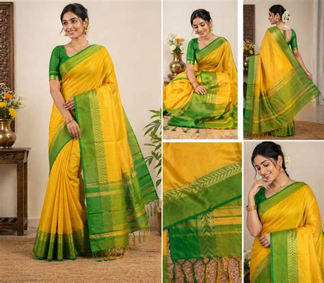 Yellow and Green Dhan Chara Handloom Saree with Traditional Border ...
