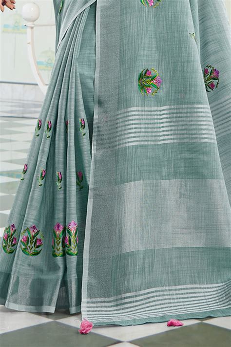 Buy Grey Linen Cotton Saree With Blouse Piece 46881 Online | Karagiri