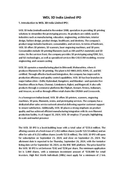 Detailed introduction to WOL 3D India Limited IPO - WOL 3D India ...