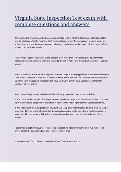 Virginia State Inspection Test exam with complete questions and answers ...