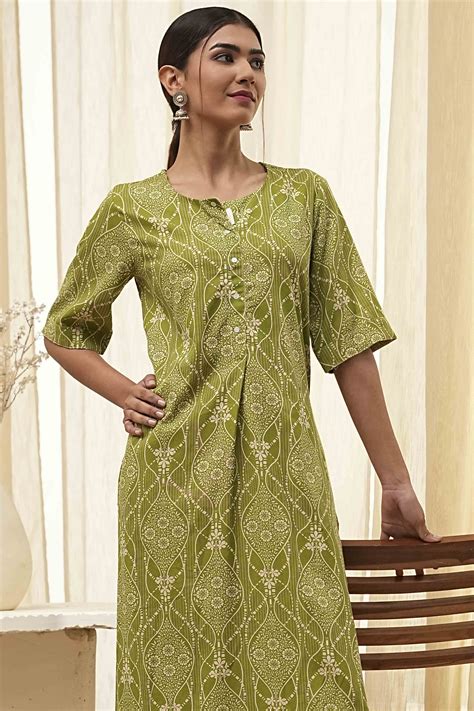 Buy Lime Green and Beige Printed Straight Kurta Set Online at Biba Global