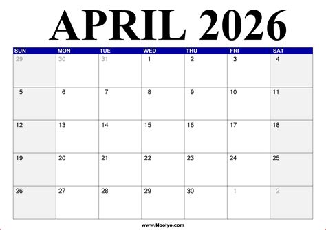 April 2026 Calendar Printable with Holidays – Noolyo.com
