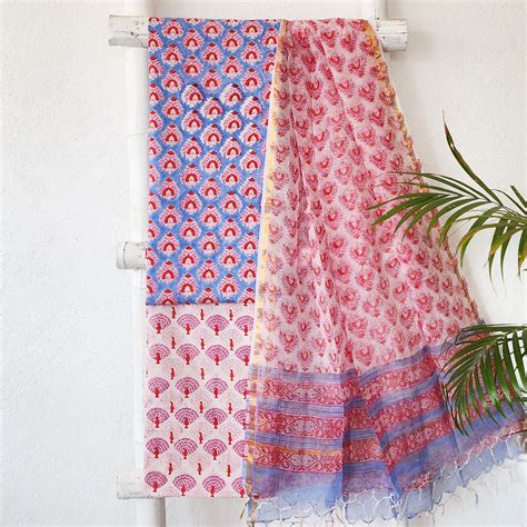 ROZANA-Pure Cotton Jaipuri Blue With Pink Flower Motif Jaipuri Suit ...