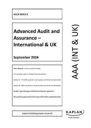 AAA Mock B - Answers S24 - NA NA - ACCA AAA (INT & UK) Advanced Audit ...