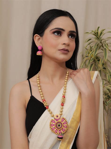 Handcrafted Pink & Golden Terracotta Necklace Set – A Local Tribe