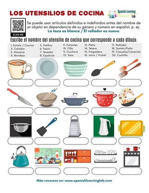 Kitchen Utensils in Spanish - PDF Worksheet - Spanish Learning Lab
