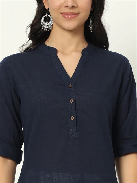 Navy Blue Airy Linen Long Kurti – beSOLiD