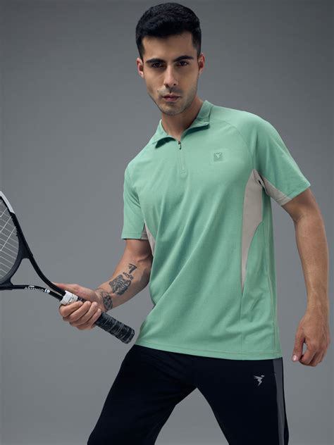 Men Colorblock Slim Fit Mock Neck Sports T-shirt with COTFLEX