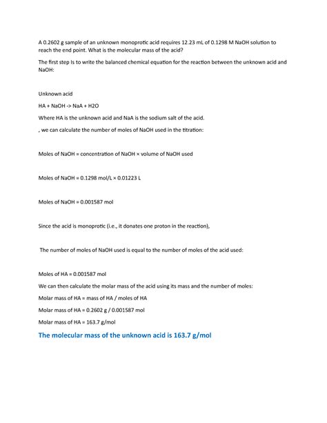 CHEM 105 G - A 0.2602 g sample of an unknown monoprotic acid requires ...