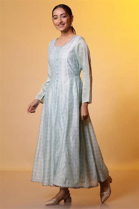 Buy Blue Yarn-Dyed Anarkali Kurta, Tights and Dupatta Set Online for ...