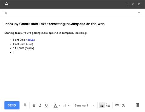 Inbox web aggiunge numerose novità per la formattazione del testo