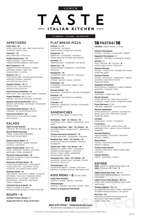 TASTE Italian Kitchen menu in Starkville, Mississippi, USA