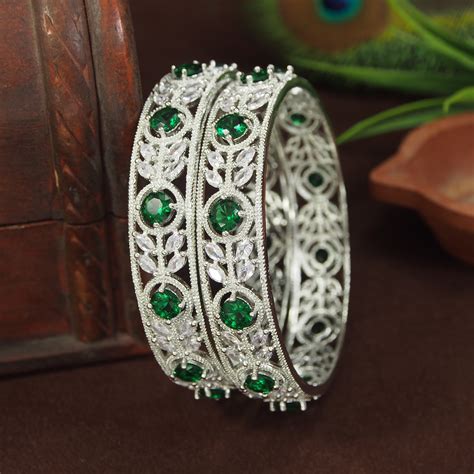 Emerald Green and White American Diamond Silver-Plated Bangles (Pack o ...