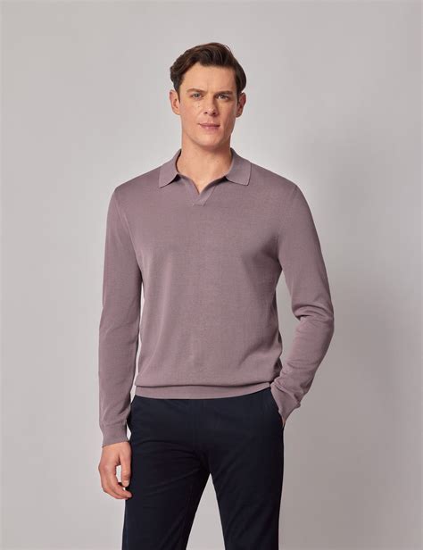 Men's Dusty Lilac Open Collar Knitted Cotton Polo Shirt – Long Sleeve ...