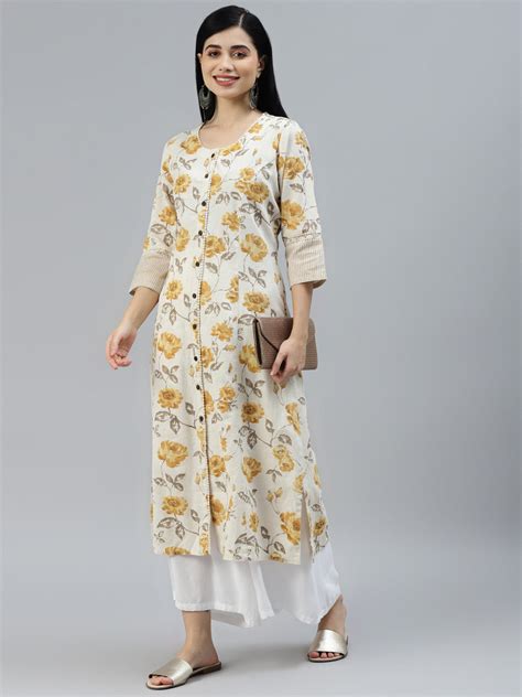 Divena Floral Print Yellow Cotton A-line Kurta – divena world