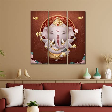 Devotional Lord Ganesha Canvas Wall Painting of Three Pieces – Homcraft