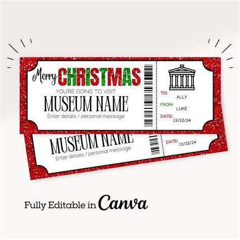 Christmas Museum Ticket Template | Printable Museum Admission Coupon | Editable Art Museum Gift ...