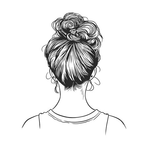 Women messy bun hair style seen from behind hand drawn line art ...