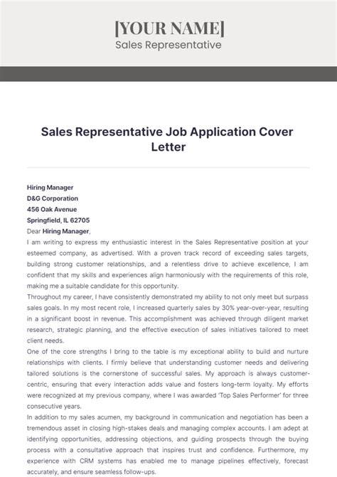 Free Sales Representative Job Application Cover Letter Template to Edit Online