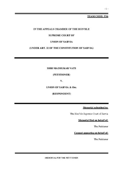 Memorial Refrence - TEAM CODE: T IN THE APPEALS CHAMBER OF THE HON’BLE ...