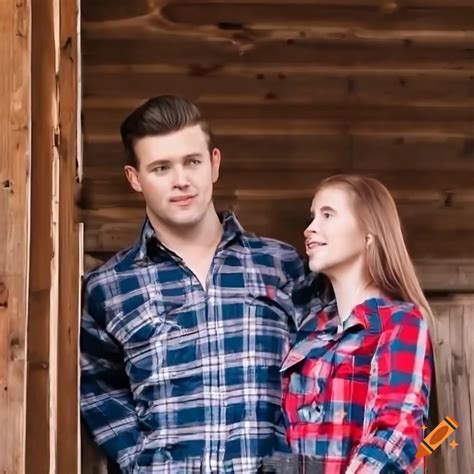 English couple in country-plaid shirt and high waist black leather ...